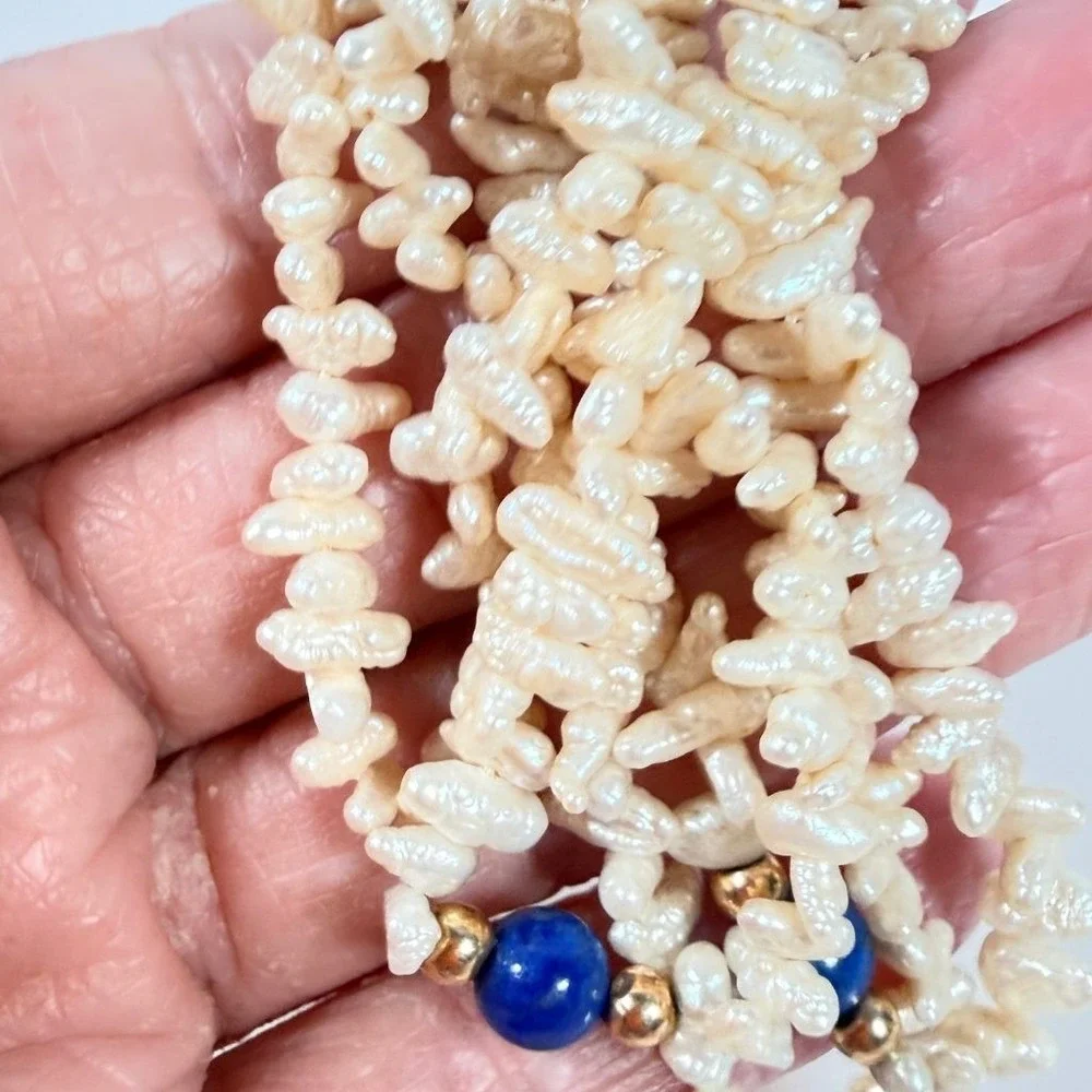 Vintage Rice Pearl Necklace Lapis Lazuli & 14K Gold Accent Beads 35